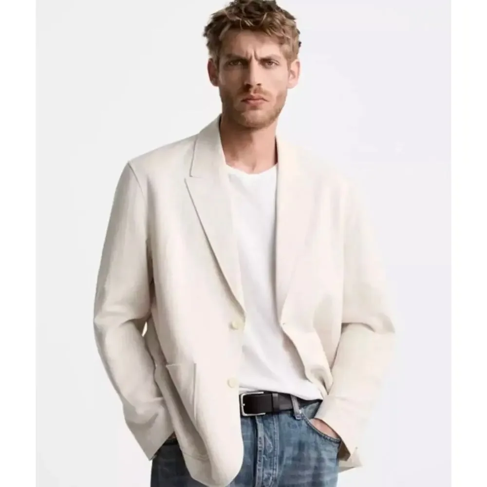ZARA Linen Blend Sports Coat Blazer Jacket Ivory Cream Size Large